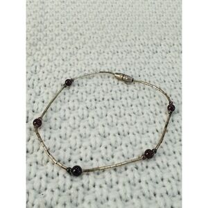 Vintage Silver Tone Tube Bead Bracelet Burgundy Purple Beads 7.25"